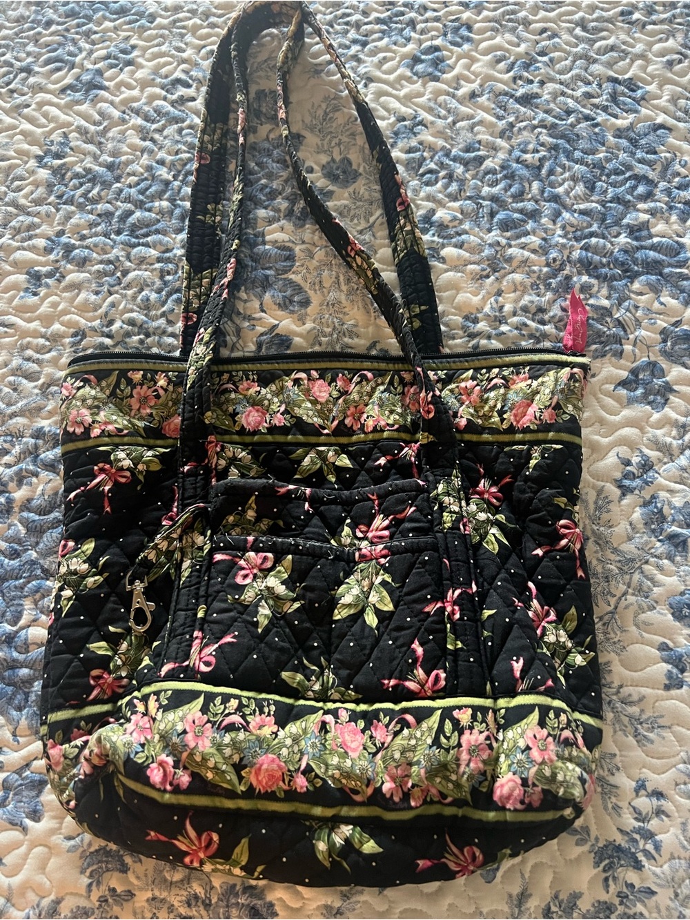 Vera Bradley Quilted Black Floral Tote Bag - Pink & Green Pattern